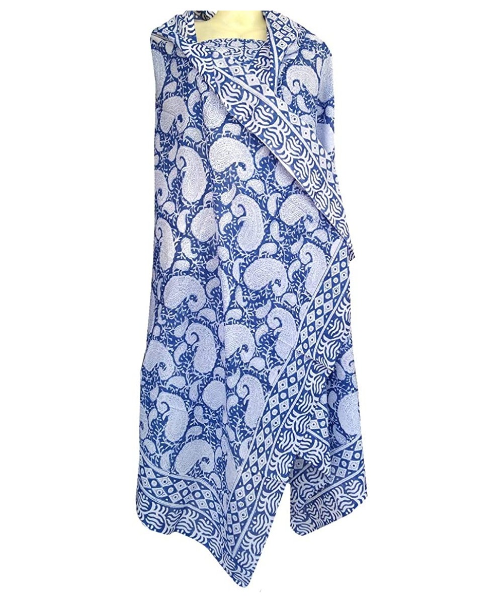 Cover-Ups 100% Cotton Hand Block Print Sarong Womens Swimsuit Wrap Cover Up Long (73" x 44") - Blue 1 - CB189MZ76XI