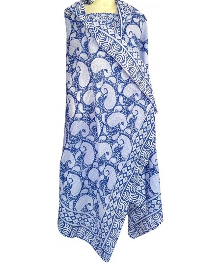 Cover-Ups 100% Cotton Hand Block Print Sarong Womens Swimsuit Wrap Cover Up Long (73" x 44") - Blue 1 - CB189MZ76XI