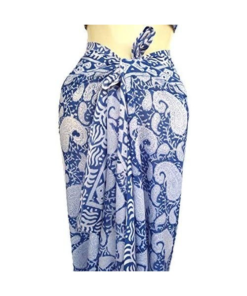 Cover-Ups 100% Cotton Hand Block Print Sarong Womens Swimsuit Wrap Cover Up Long (73" x 44") - Blue 1 - CB189MZ76XI