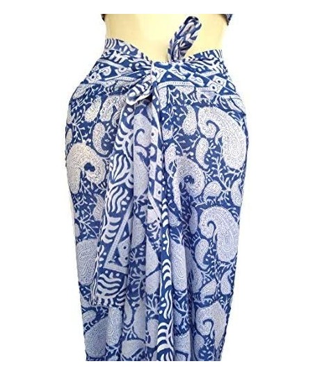 Cover-Ups 100% Cotton Hand Block Print Sarong Womens Swimsuit Wrap Cover Up Long (73" x 44") - Blue 1 - CB189MZ76XI