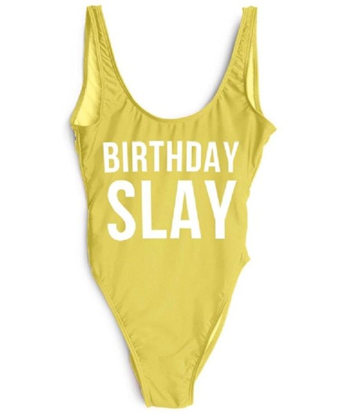 One-Pieces Women Sexy Birthday Slay Letter Print One Piece Girl Swimwear Monokini Beachwear Femme Swimsuit Yellow White 103 -...