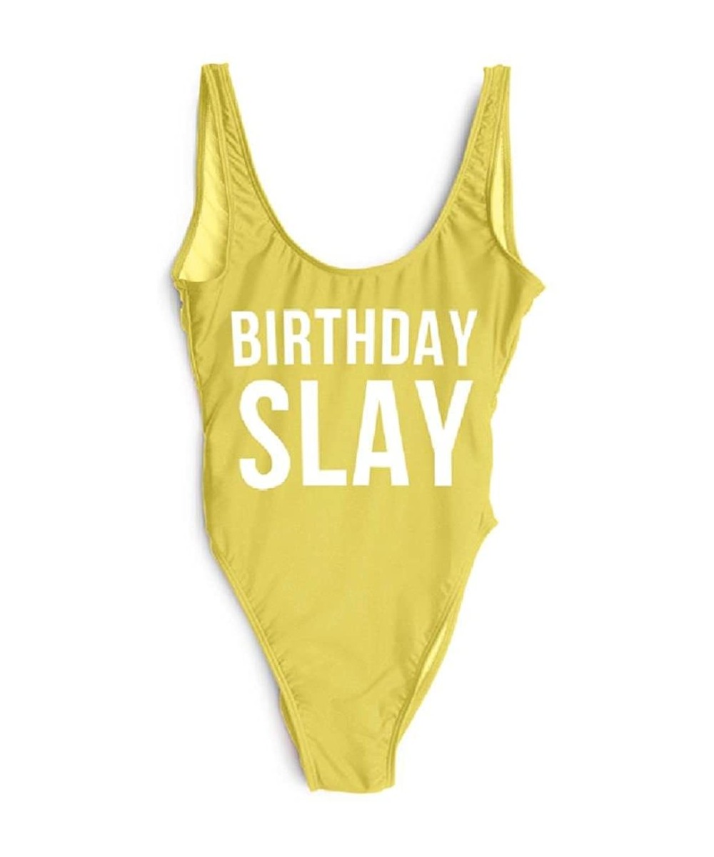 One-Pieces Women Sexy Birthday Slay Letter Print One Piece Girl Swimwear Monokini Beachwear Femme Swimsuit Yellow White 103 -...