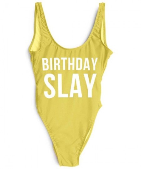 One-Pieces Women Sexy Birthday Slay Letter Print One Piece Girl Swimwear Monokini Beachwear Femme Swimsuit Yellow White 103 -...