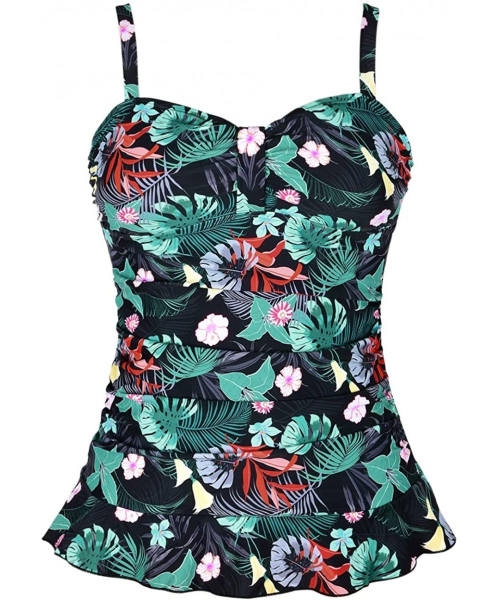 Tops Women's 50's Retro Ruched Tankini Swimsuit Top with Ruffle Hem - Leaves&flowers - CO19DYWTYA4