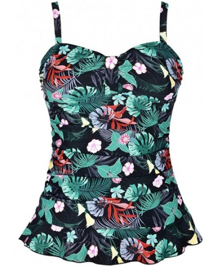 Tops Women's 50's Retro Ruched Tankini Swimsuit Top with Ruffle Hem - Leaves&flowers - CO19DYWTYA4