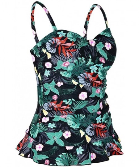 Tops Women's 50's Retro Ruched Tankini Swimsuit Top with Ruffle Hem - Leaves&flowers - CO19DYWTYA4