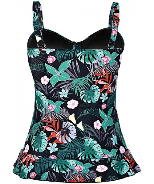 Tops Women's 50's Retro Ruched Tankini Swimsuit Top with Ruffle Hem - Leaves&flowers - CO19DYWTYA4