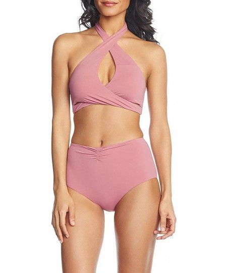 Sets Womens High Waisted Halter Bikini Set Retro Two Piece Swimsuit Criss Cross Hollow Out Bathing Suit - Pink - CE18NEXGMKY