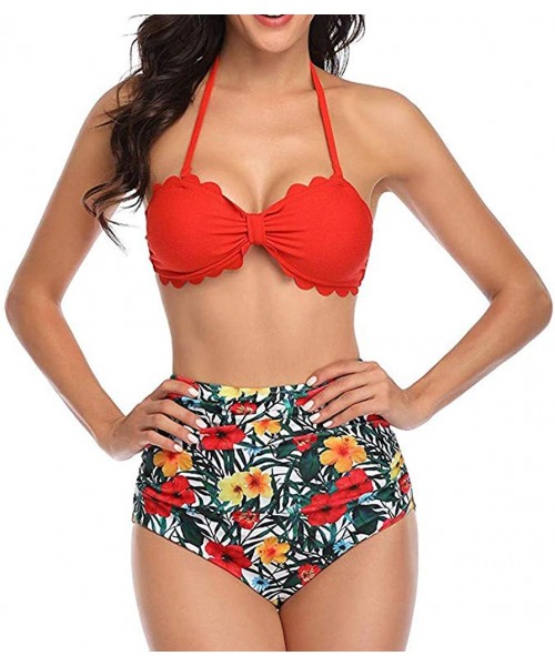 Racing Women's Swimsuit Two Piece Halter Neck Boho Fashion Swimwear Plus Size - Red - C5193TYECIN