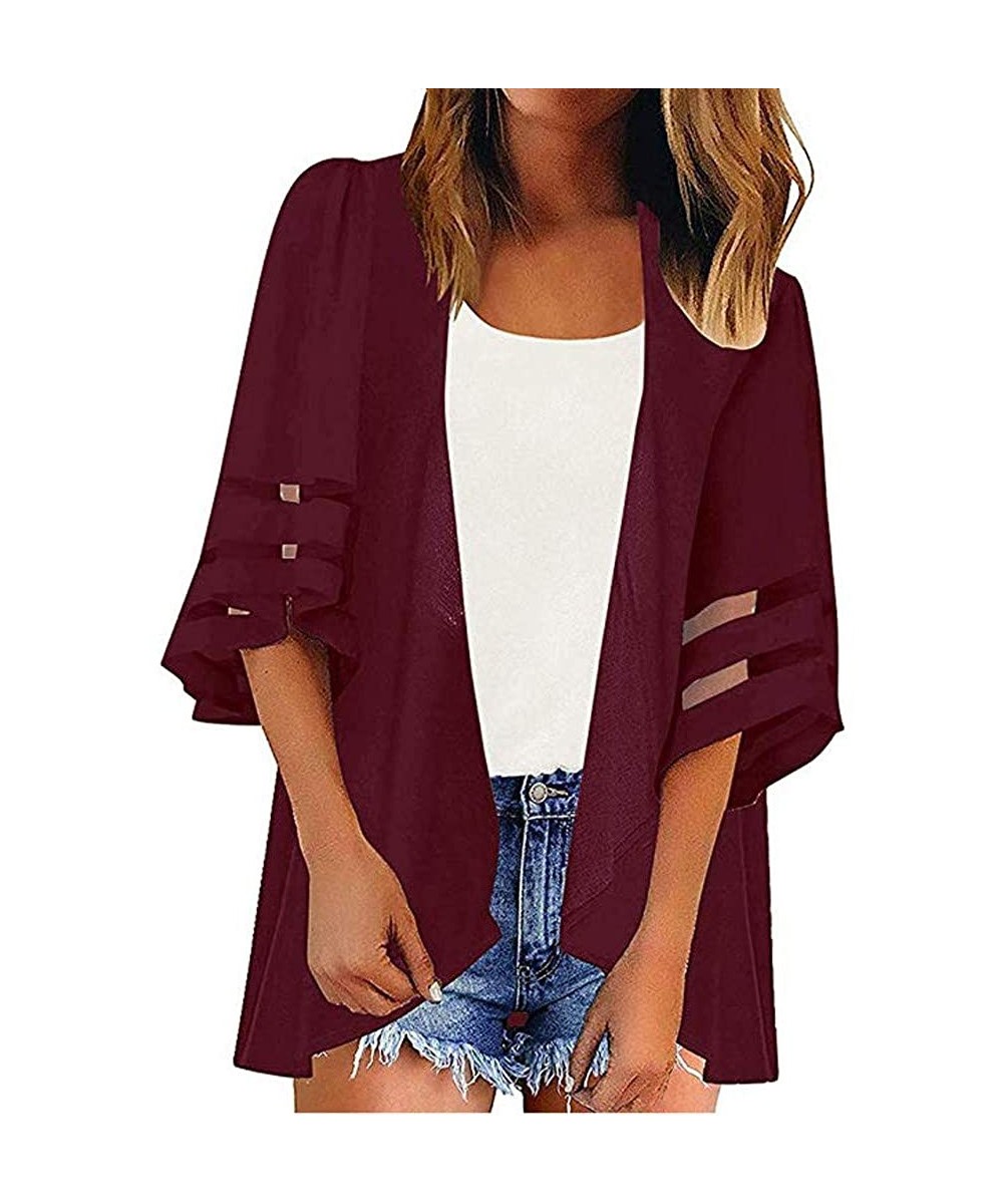 Cover-Ups Womens Kimono Cardigan- Mesh Panel 3/4 Bell Sleeve Solid Color Floral Open Front Cover Up Tops Blouses - 1 Wine - C...