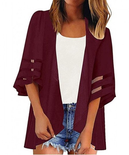 Cover-Ups Womens Kimono Cardigan- Mesh Panel 3/4 Bell Sleeve Solid Color Floral Open Front Cover Up Tops Blouses - 1 Wine - C...