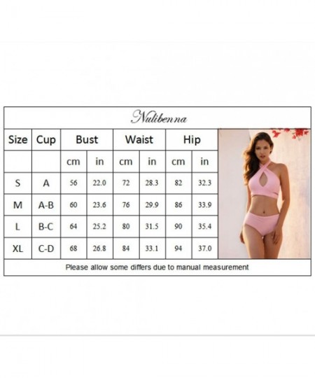 Sets Womens High Waisted Halter Bikini Set Retro Two Piece Swimsuit Criss Cross Hollow Out Bathing Suit - Pink - CE18NEXGMKY