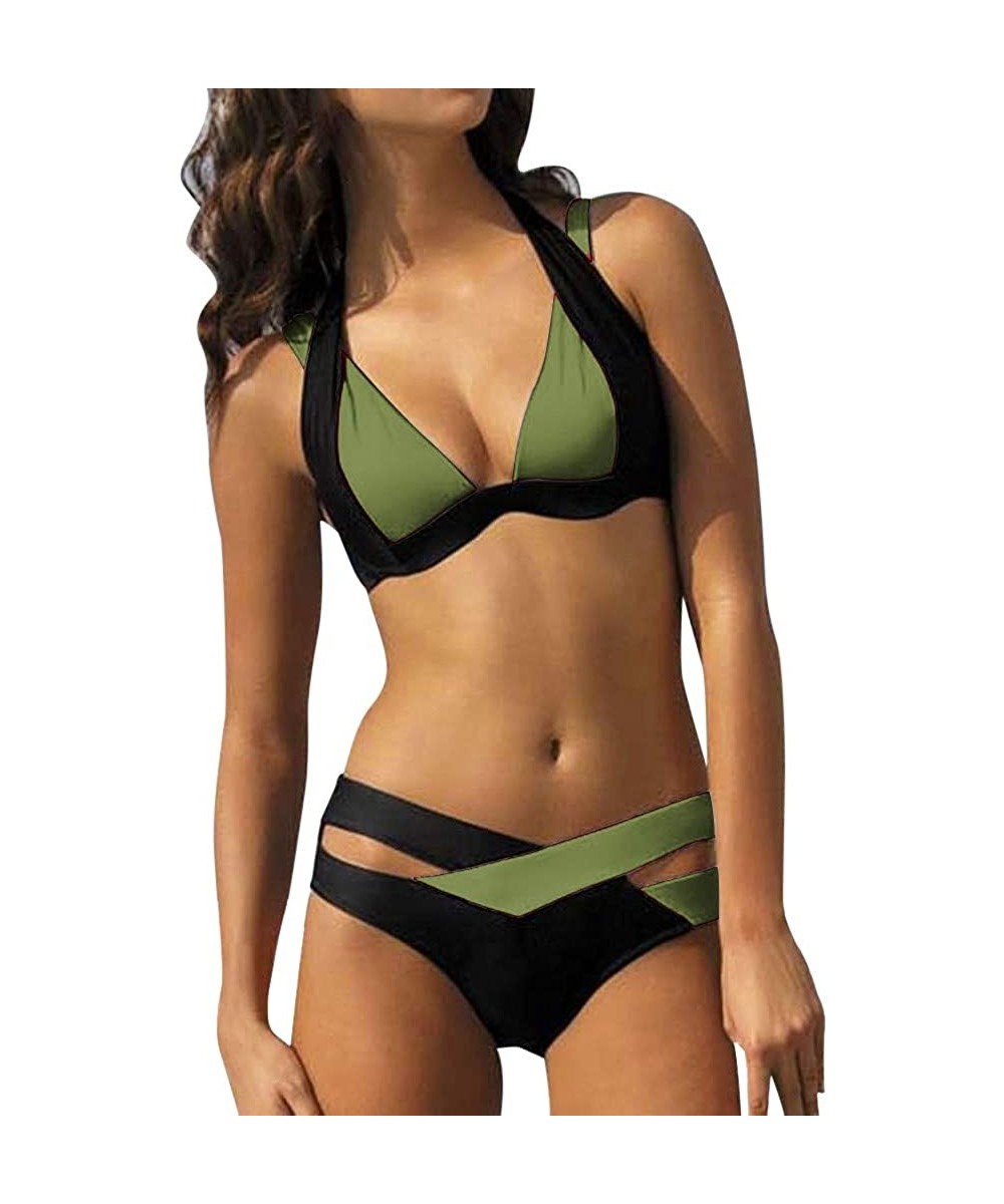 Sets Sexy Criss Cross Printing Halter Bandage Bikini Set Hawaii Bathing Suit Two Piece Swimsuits - Army Green - C7194CWKE0G