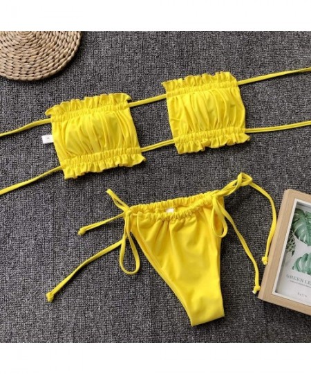 Sets Womens High Waisted Swimsuit Ruffle Bandeau Bikini Set Cheeky Thong Bathing Suit Tie Knot Swim - Yellow - CC18T3Z0E49