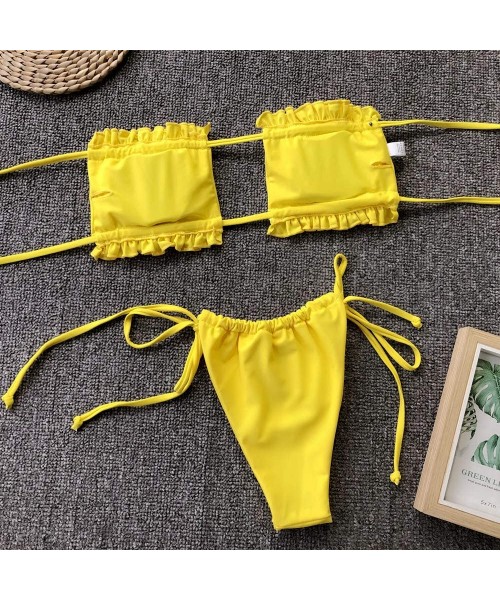 Sets Womens High Waisted Swimsuit Ruffle Bandeau Bikini Set Cheeky Thong Bathing Suit Tie Knot Swim - Yellow - CC18T3Z0E49