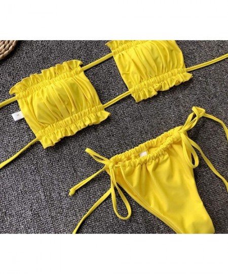 Sets Womens High Waisted Swimsuit Ruffle Bandeau Bikini Set Cheeky Thong Bathing Suit Tie Knot Swim - Yellow - CC18T3Z0E49