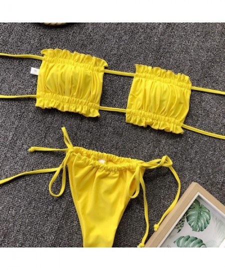 Sets Womens High Waisted Swimsuit Ruffle Bandeau Bikini Set Cheeky Thong Bathing Suit Tie Knot Swim - Yellow - CC18T3Z0E49