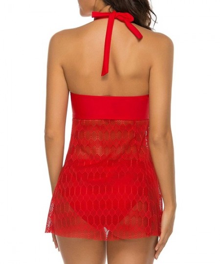 One-Pieces Women 2 Piece Halter Lace Crochet Fly Away Tankini Swimsuit - Red - CM194753G4Z