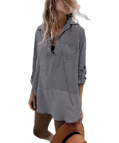 Cover-Ups Women Embroidered Half/Long Sleeve Swimsuit Cover Up Mini Beach Dress - Black Stripe - CH18ET3XED0