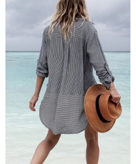 Cover-Ups Women Embroidered Half/Long Sleeve Swimsuit Cover Up Mini Beach Dress - Black Stripe - CH18ET3XED0