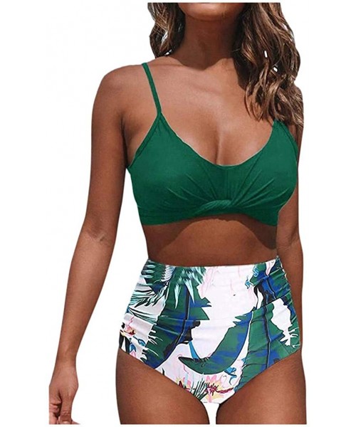 Sets Bikini Swimsuit for Women Women's Floral Print Halter Cutout Retro Ruched High Waist Bottom Two Piece Swimsuit Green - C...