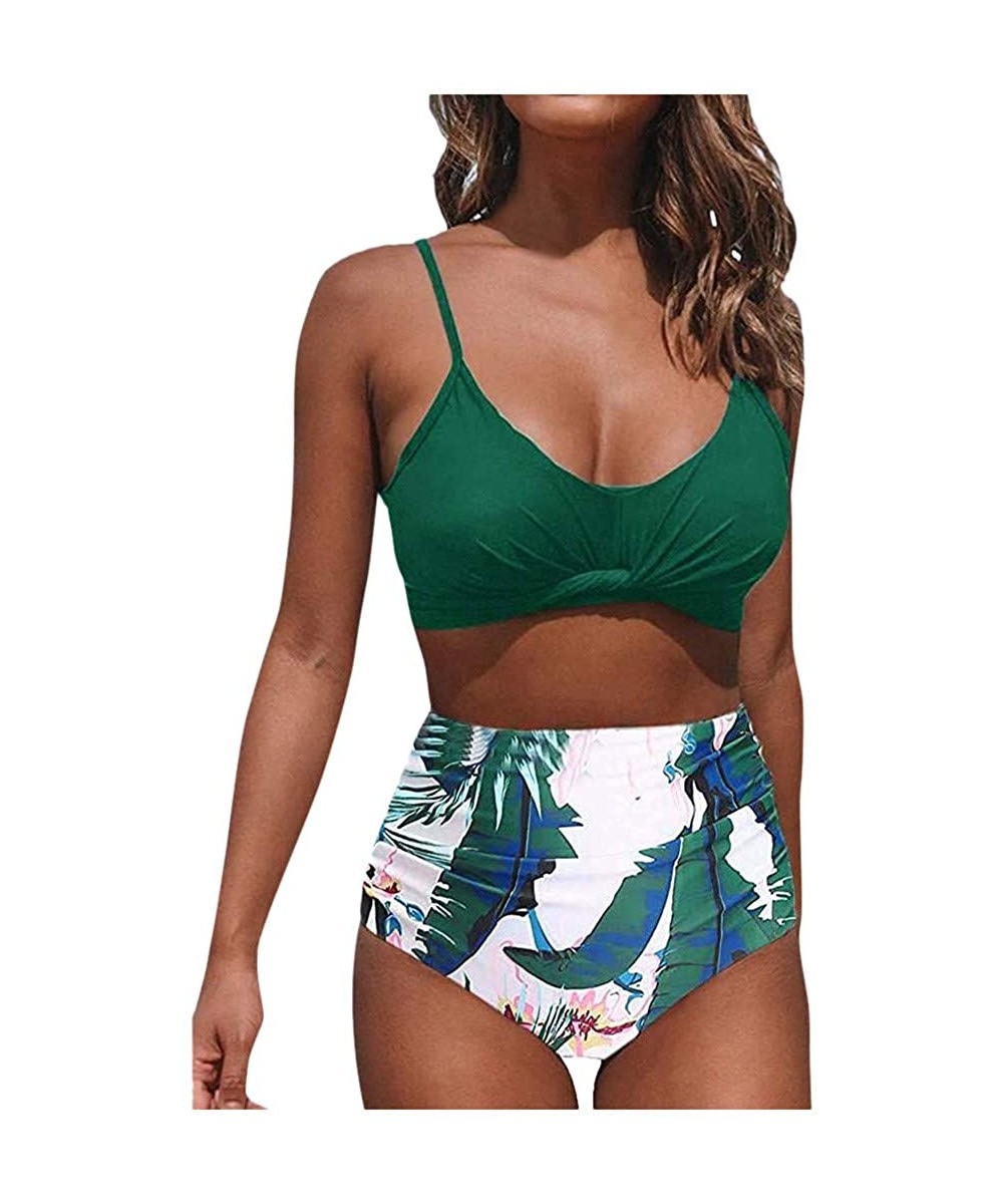 Sets Bikini Swimsuit for Women Women's Floral Print Halter Cutout Retro Ruched High Waist Bottom Two Piece Swimsuit Green - C...