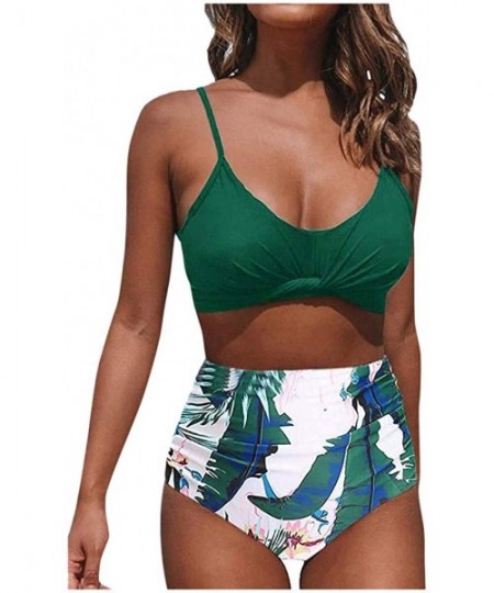 Sets Bikini Swimsuit for Women Women's Floral Print Halter Cutout Retro Ruched High Waist Bottom Two Piece Swimsuit Green - C...