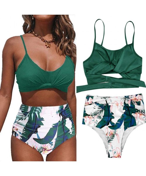 Sets Bikini Swimsuit for Women Women's Floral Print Halter Cutout Retro Ruched High Waist Bottom Two Piece Swimsuit Green - C...