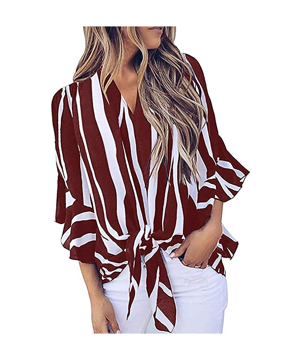 Racing Off Shoulder Blouses for Womens- Floral Stripe Bell Sleeve Baggy Tie Knot Tops Casual Shirts - 12 Red - CH18WC07SK3