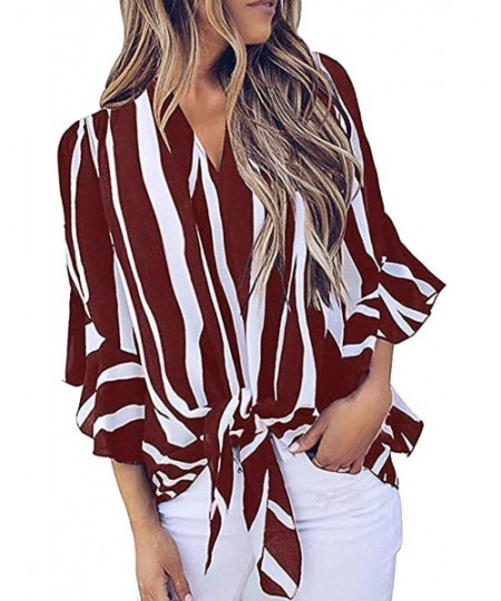 Racing Off Shoulder Blouses for Womens- Floral Stripe Bell Sleeve Baggy Tie Knot Tops Casual Shirts - 12 Red - CH18WC07SK3