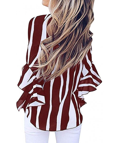 Racing Off Shoulder Blouses for Womens- Floral Stripe Bell Sleeve Baggy Tie Knot Tops Casual Shirts - 12 Red - CH18WC07SK3