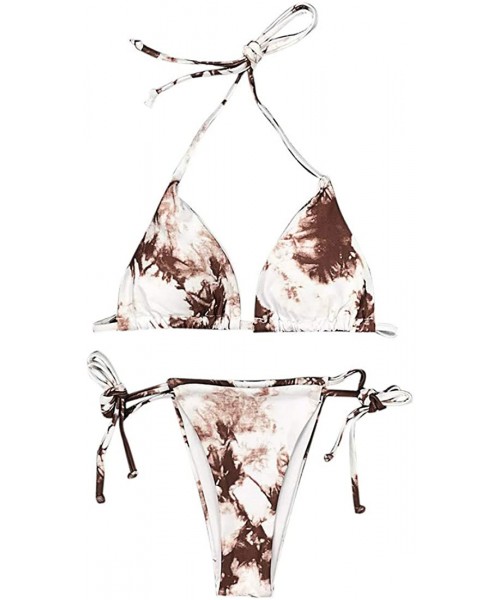 Sets Women's Tie Bikini Set Dye Cinched Triangle 2 Piece Swimsuit Padded Top Low Waisted Tie Side Bottom - Khaki - CA198DWL2A6