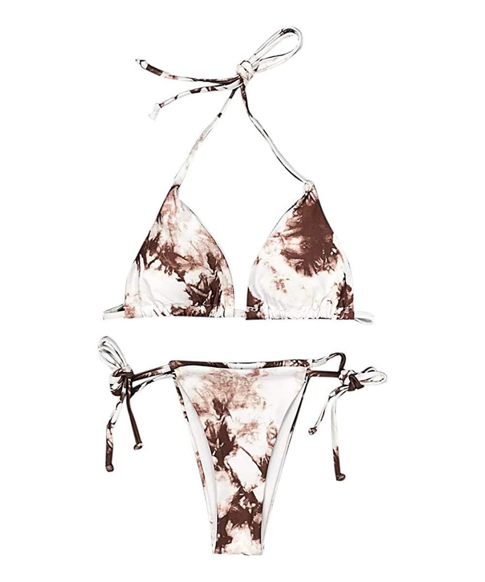 Sets Women's Tie Bikini Set Dye Cinched Triangle 2 Piece Swimsuit Padded Top Low Waisted Tie Side Bottom - Khaki - CA198DWL2A6