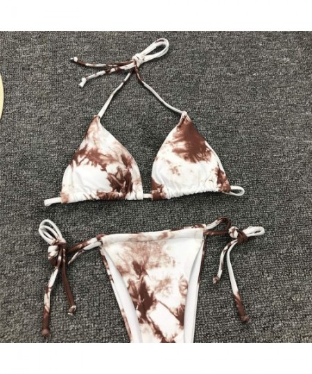 Sets Women's Tie Bikini Set Dye Cinched Triangle 2 Piece Swimsuit Padded Top Low Waisted Tie Side Bottom - Khaki - CA198DWL2A6