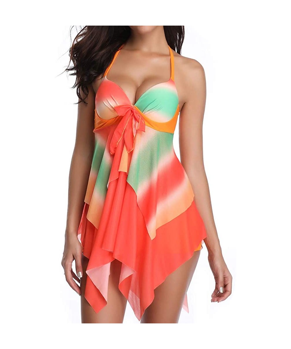 Tankinis Women's Tie Dye Print Two Piece Swimsuit Tankinis with Skirted Bikini Bottom - Orange - C918OKO3WHG