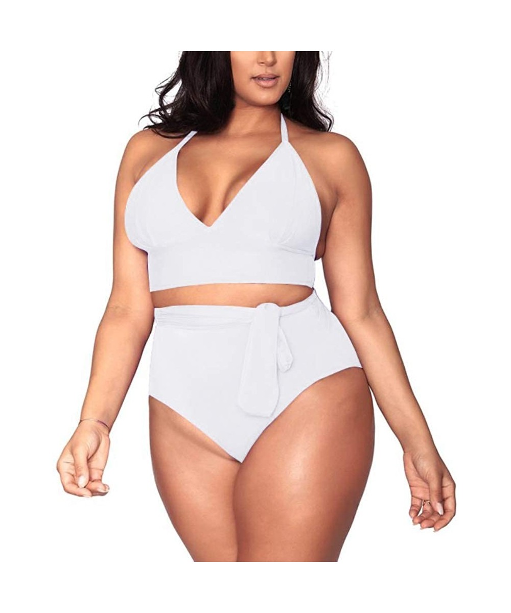 Sets Women's Plus Size High Waisted Tummy Control Swimwear Swimsuit Full Coverage - White - CL18QEA6CLK