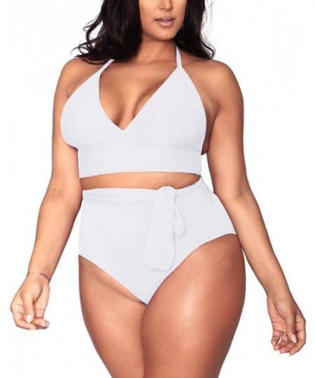 Sets Women's Plus Size High Waisted Tummy Control Swimwear Swimsuit Full Coverage - White - CL18QEA6CLK