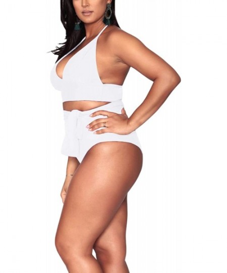 Sets Women's Plus Size High Waisted Tummy Control Swimwear Swimsuit Full Coverage - White - CL18QEA6CLK