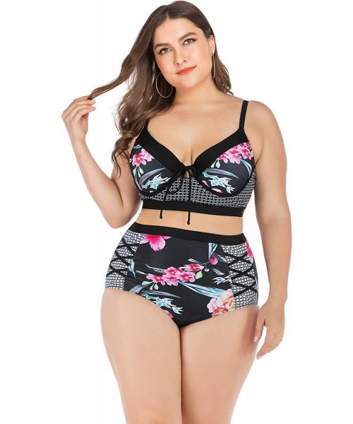 Sets Women Plus Size Swimsuits High Waist Strappy Floral Swimwear Push up Halter Neck Bikini Set mesh Two Piece Tummy Control...