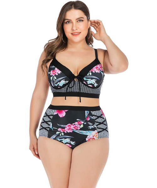 Sets Women Plus Size Swimsuits High Waist Strappy Floral Swimwear Push up Halter Neck Bikini Set mesh Two Piece Tummy Control...