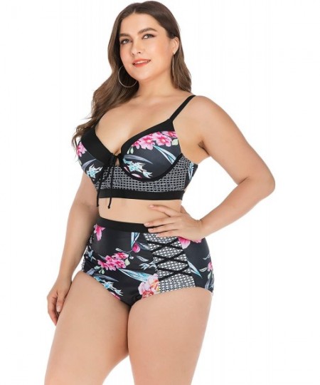 Sets Women Plus Size Swimsuits High Waist Strappy Floral Swimwear Push up Halter Neck Bikini Set mesh Two Piece Tummy Control...