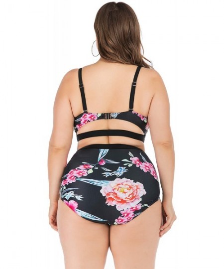 Sets Women Plus Size Swimsuits High Waist Strappy Floral Swimwear Push up Halter Neck Bikini Set mesh Two Piece Tummy Control...