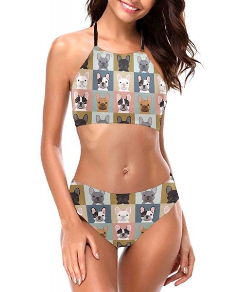 Bottoms French Bulldog Silhouette Quotes Two Piece Swimwear Women's Swimsuit Bathing Suit Halter Bikini Set - Color2 - CZ199M...