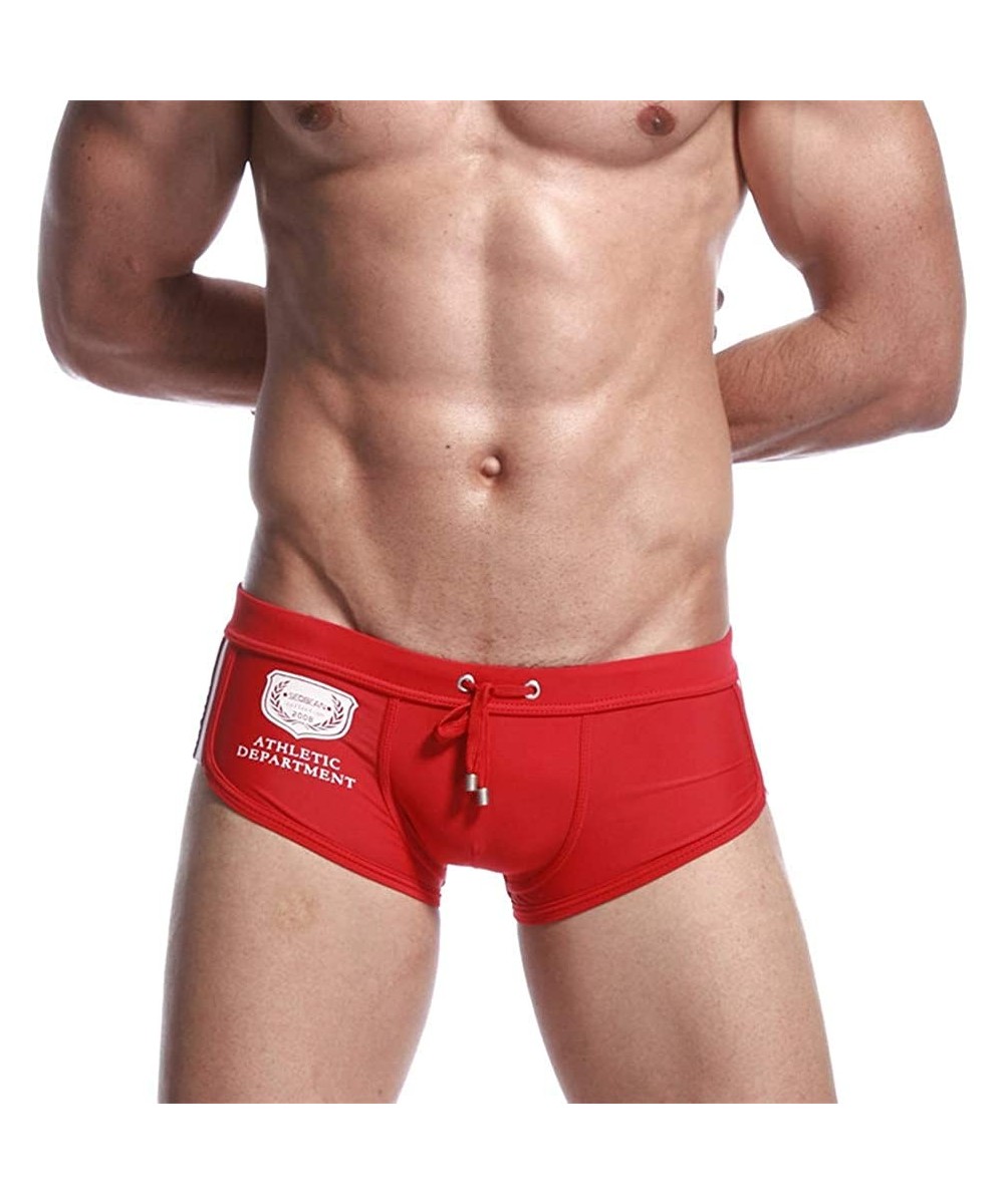 Briefs Mens Swim Trunks by Balakie- Stripe Low Waist Breathable Drawstring Briefs Beach Shorts - Red - CP18QTNGK76