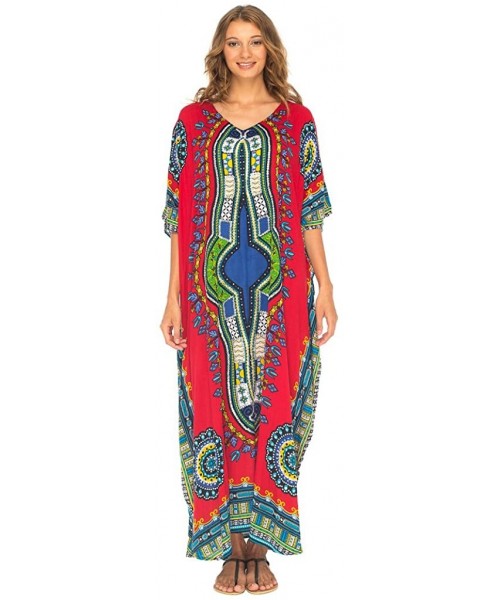 Cover-Ups Womens Long Kaftan Beach Cover Up Ethnic Dresses Loose Casual V-Neck Dashiki Maxi Dress with Sequins - Red - C118G6...