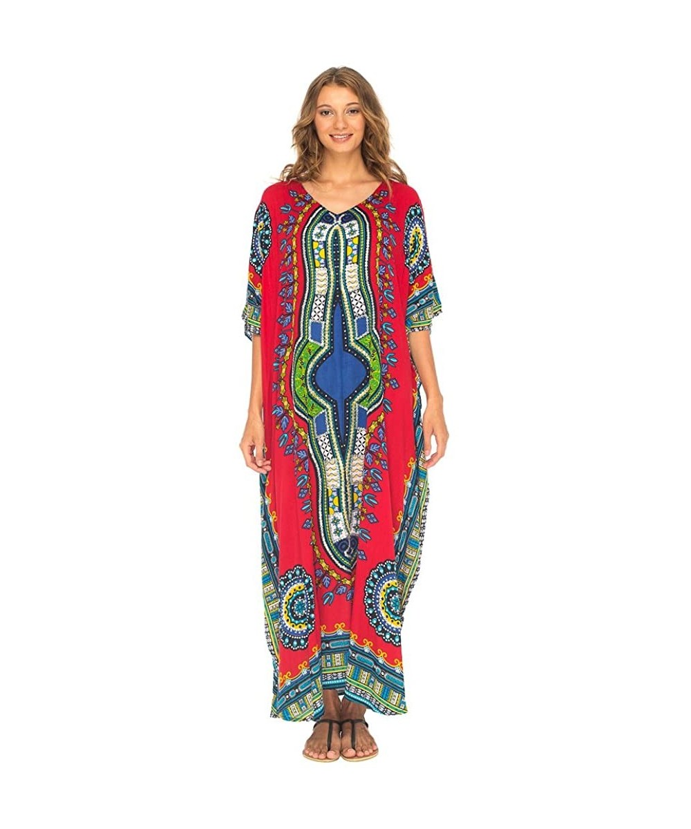 Cover-Ups Womens Long Kaftan Beach Cover Up Ethnic Dresses Loose Casual V-Neck Dashiki Maxi Dress with Sequins - Red - C118G6...