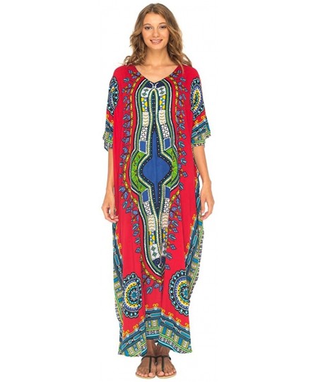 Cover-Ups Womens Long Kaftan Beach Cover Up Ethnic Dresses Loose Casual V-Neck Dashiki Maxi Dress with Sequins - Red - C118G6...