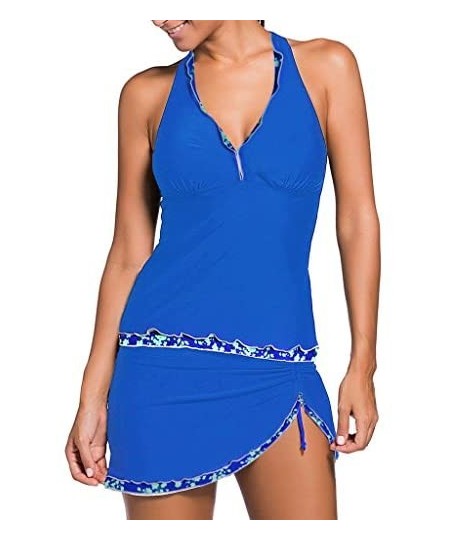 Tankinis Women's Printed-Hem Ruffled Halter V-Neck Tankini Swimwear Set BW - Blue - CU17YXN74WA