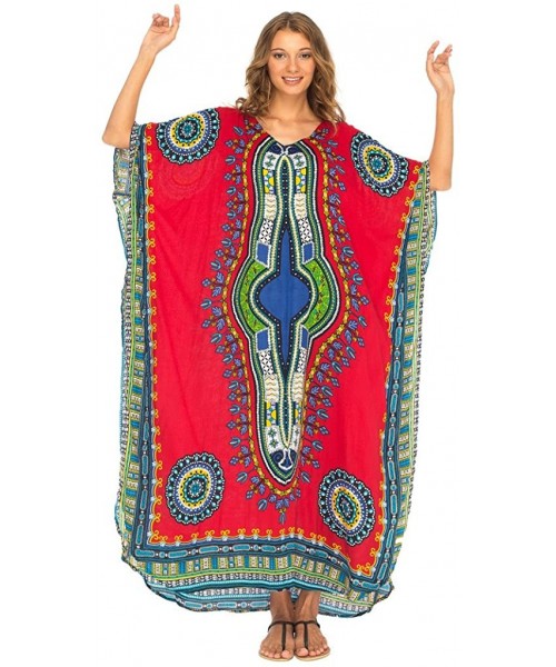 Cover-Ups Womens Long Kaftan Beach Cover Up Ethnic Dresses Loose Casual V-Neck Dashiki Maxi Dress with Sequins - Red - C118G6...