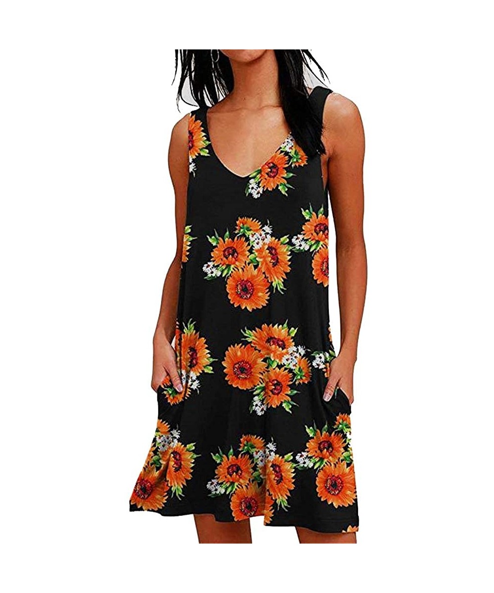 Cover-Ups Women Summer Floral Print Casual T Shirt Dresses Beach Cover Up Plain Pleated Tank Dress - Sunflower - C8190MT023D